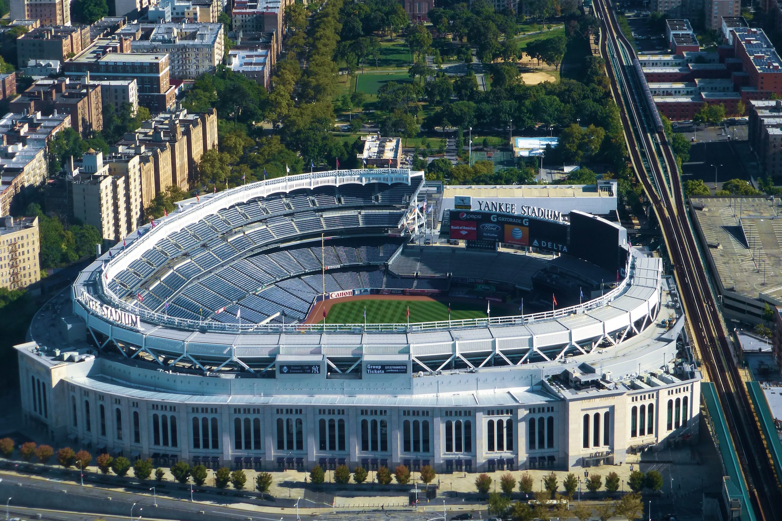 Arial photograph of Yankee Stadium in NYC.