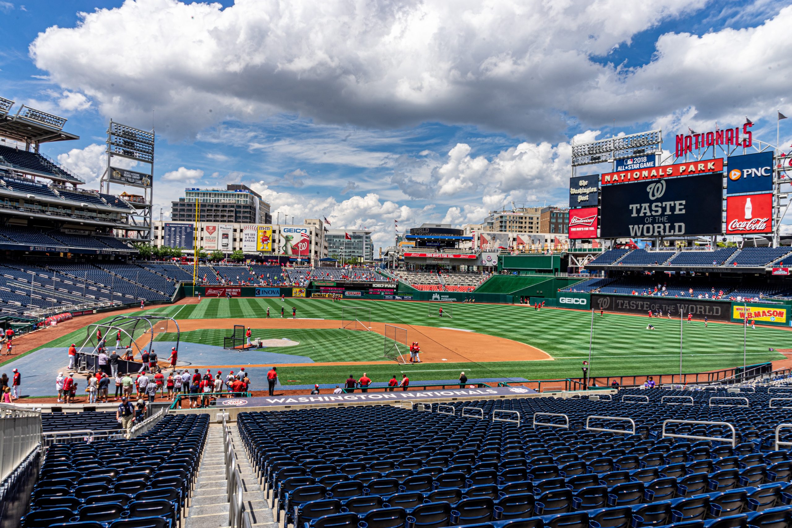 Photograph of Nationals Park, home of the baseball team the Washington Nationals, taken from the stands behind and to the right of home plate.