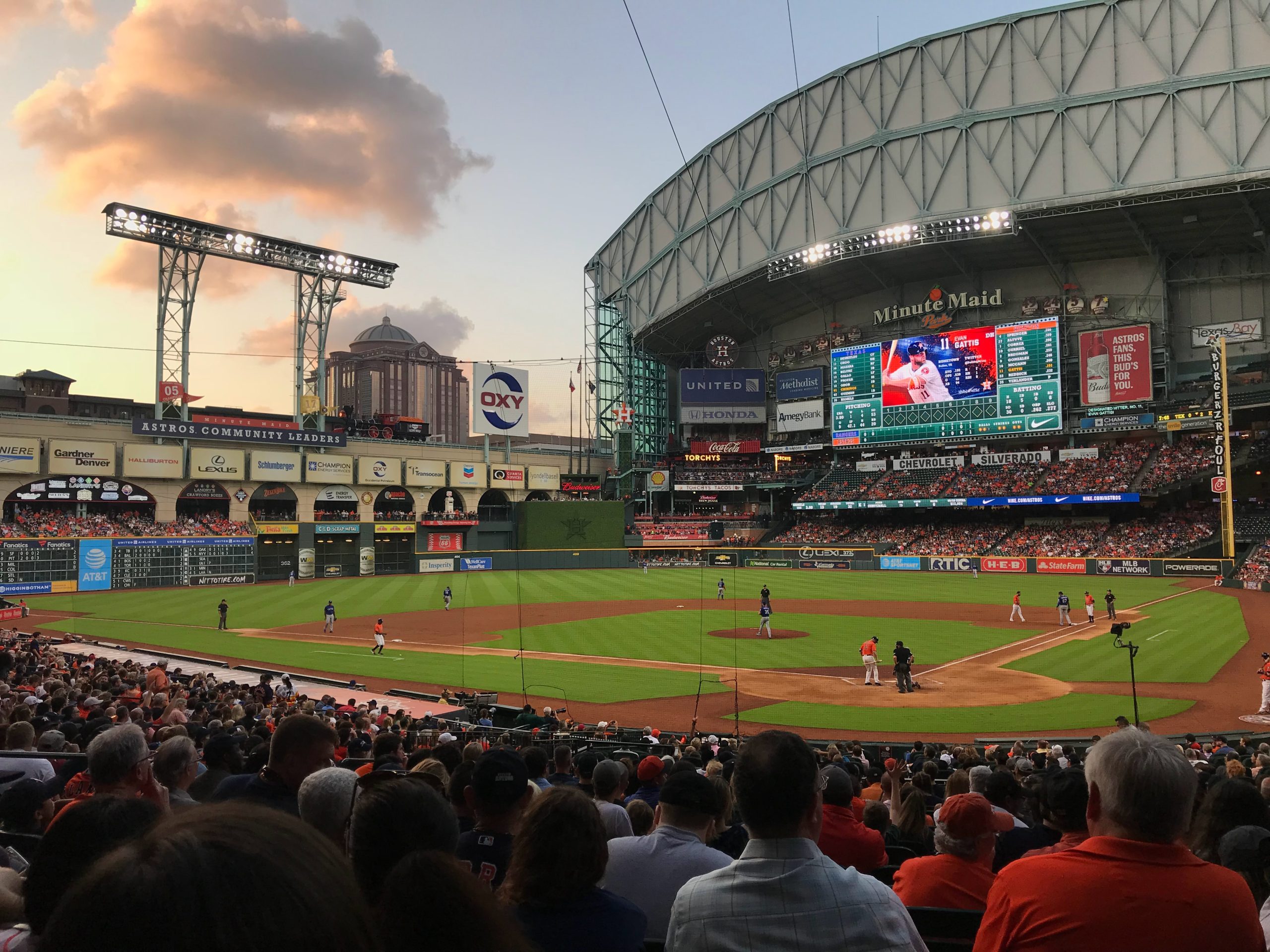Picture of Minute Maid Park in Houston with a baseball game underway.