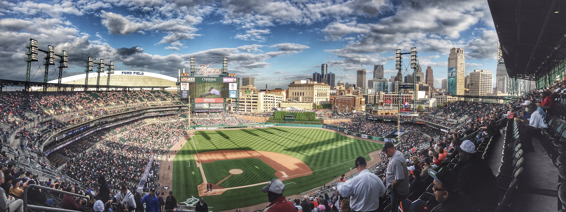 Photograph of Comerica Park, home of the Detroit Tigers, looking over the diamond from the upper deck.
