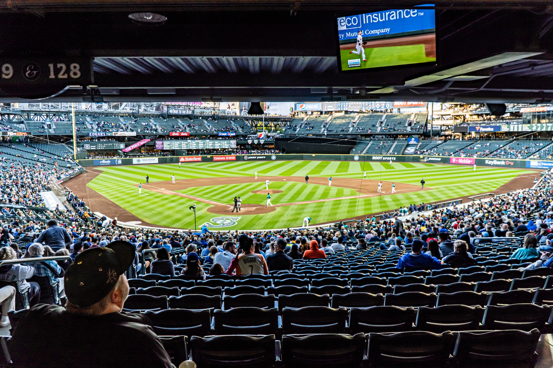 A photo of T-Mobile Park during a Mariners baseball game, taken from under the overhang on the lower level.