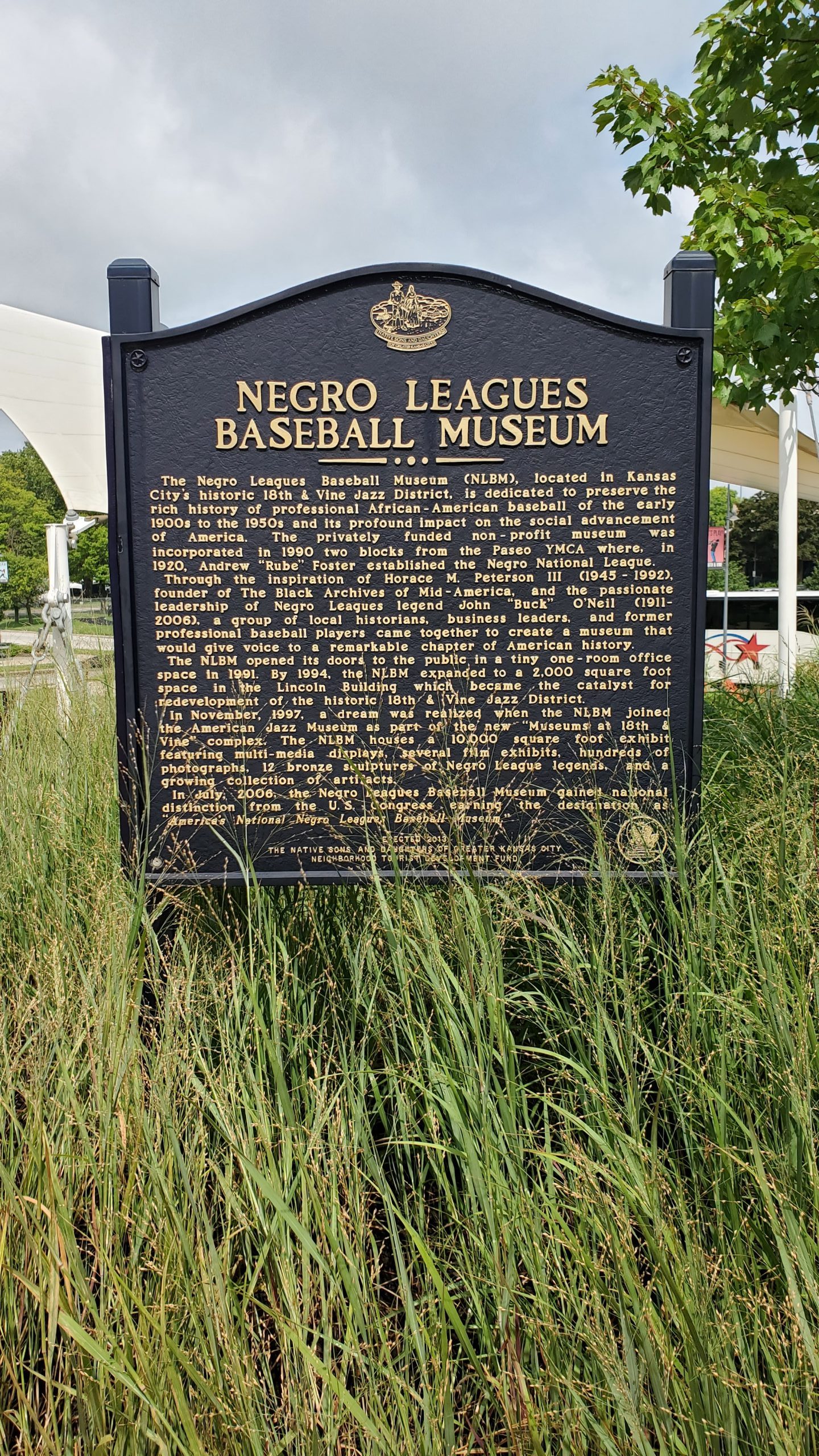 Picture of the sign indicating the historic significance of the Negro Leagues Baseball Museum in Kansas City, Missouri