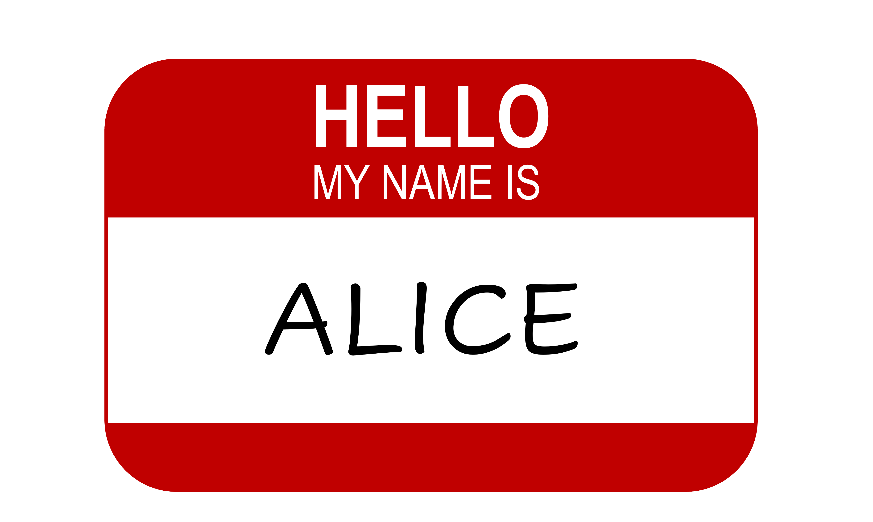 A name tag that reads "Hello, My Name is ALICE."