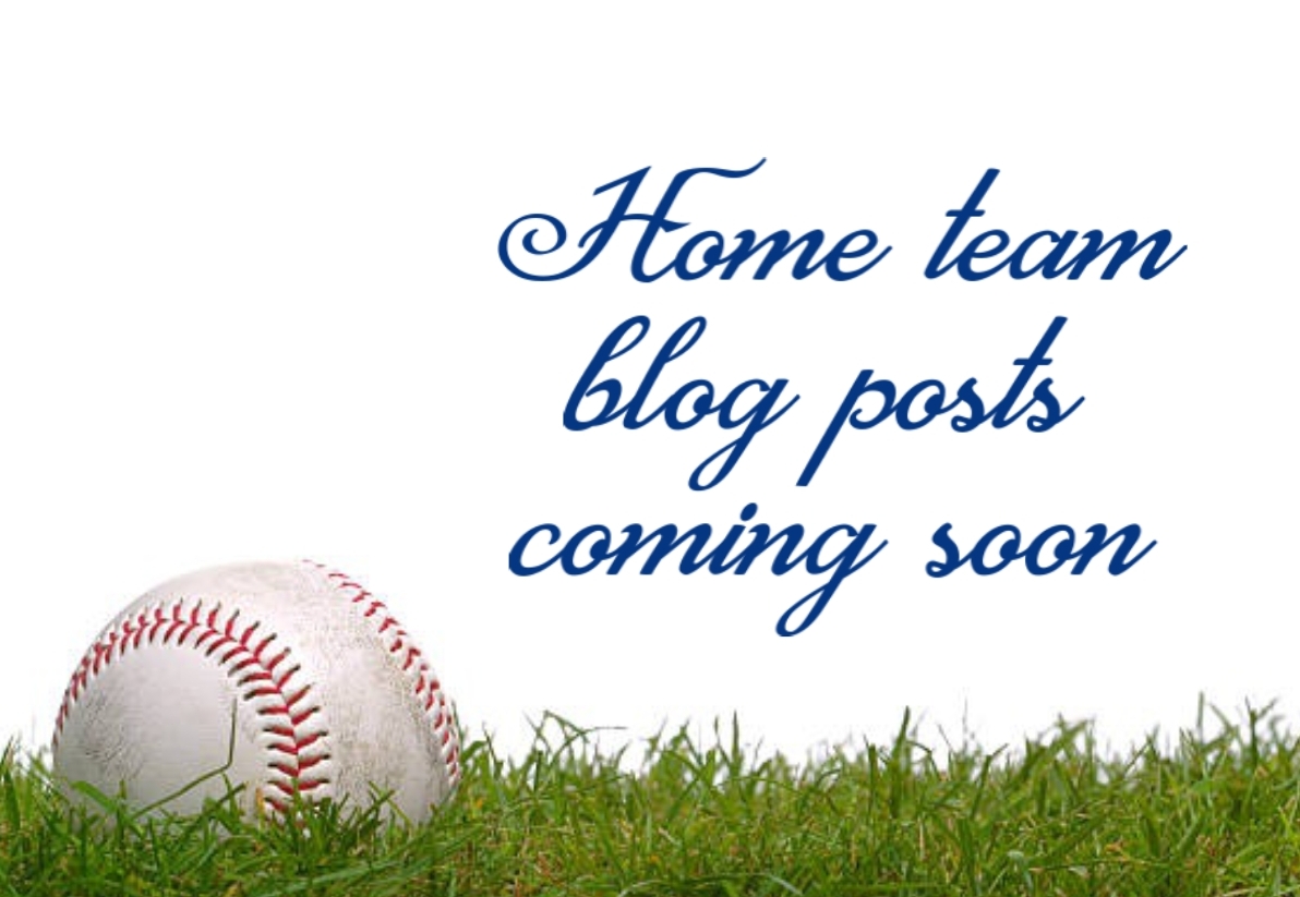 Graphic that says "Home team blog posts coming soon," with a baseball in the grass below the words.